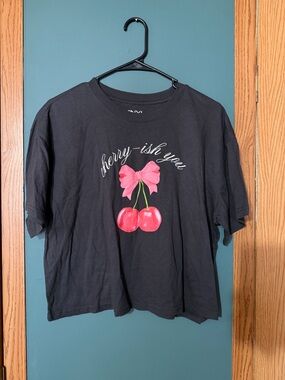 Black Tee with Pink Bow & Cherry Graphic - Kids